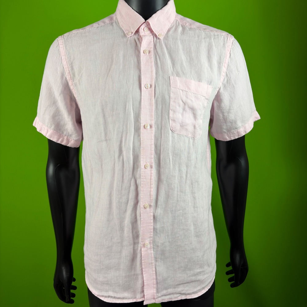 Porter & Ash Mens L 100% Linen Shirt Pink Short Sleeve Button Up Beach Vacation - Picture 2 of 16
